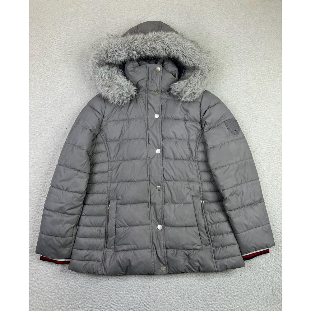 Tommy Hilfiger Puffer Coat Womens Medium Gray Faux Fur Hood Primaloft Insulated